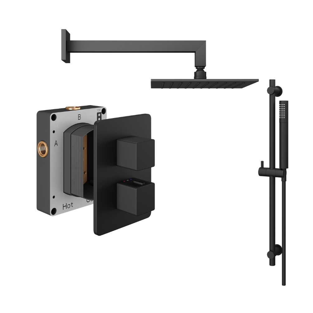 Product Cut out image of the Abacus Square Matt Black 2 Outlet Shower Pack with Fixed Head & Slide Rail